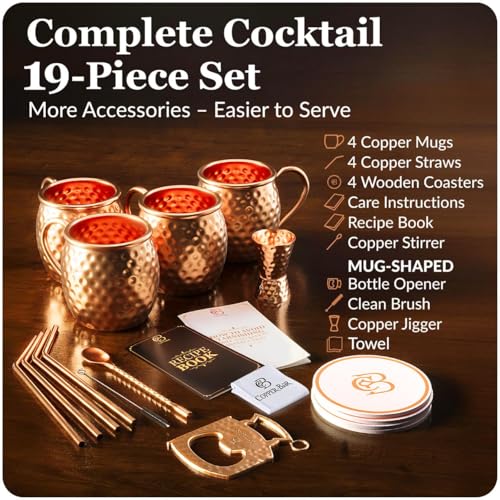 Set of 4 Pure Copper Moscow Mule Mugs - Handcrafted Hammered 16oz Gift Set with Accessories