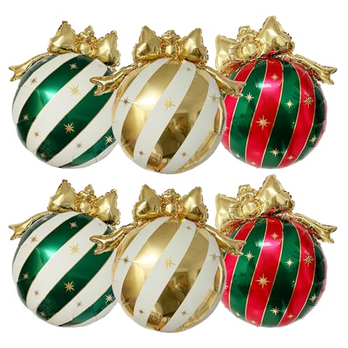 Christmas Bauble Balloon Set 6Pk – Red Green White & Gold Striped 28x31" Aluminum Foil Decor