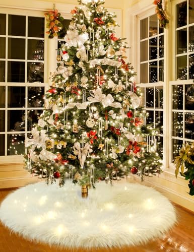 48-Inch White Faux Fur Christmas Tree Skirt - Soft Fluffy Plush Mat