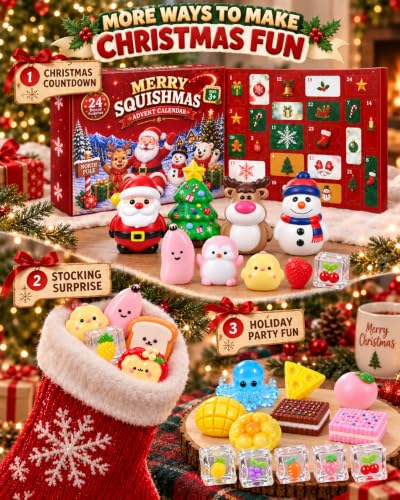 Christmas Countdown Advent Calendar 2026 with 24 Squishy Toys - Holiday Kids Gift