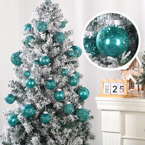 Civaner 24 pcs Teal Glitter Christmas Ornaments Set - Holiday Tree Decorations