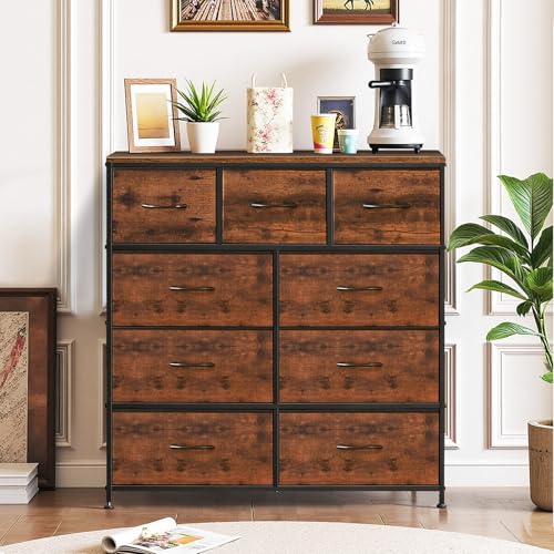 9-Drawer Fabric Dresser Chest of Drawers with Wood Top & Metal Frame