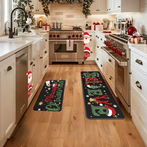 Dintszyayue Christmas Kitchen Rug Set 2 pcs Non Slip Santa Snowman 17x30+17x48 Black