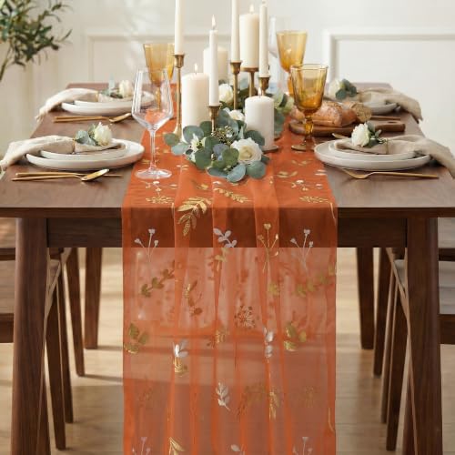 Artoid Mode 28x120 Inch Caramel Floral Leaves Glitter Table Runner for Weddings & Events