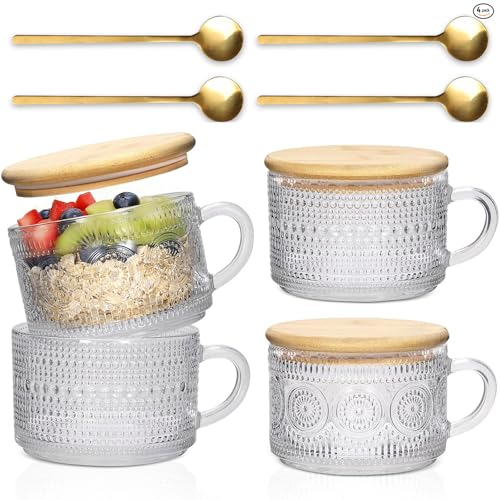 Xigugo Vintage Glass Coffee Mugs Set 4pcs 14oz with Bamboo Lids & Spoons