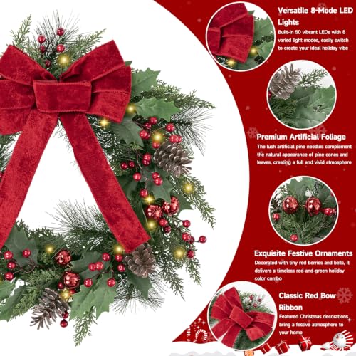 24 Inch Red LED Christmas Wreath Front Door, 50 Lights, Battery Powered