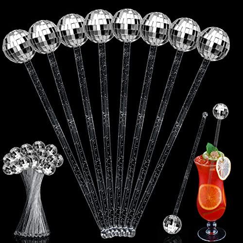 Sawysine Silver Disco Ball Drink Stirrer 48 pcs - Party Cocktail Picks, Shiny Decor