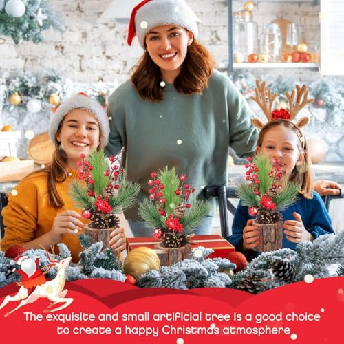 Solsew 3 Pcs 11 Inch Classic Christmas Tabletop Trees with Ornaments & Pine Cones
