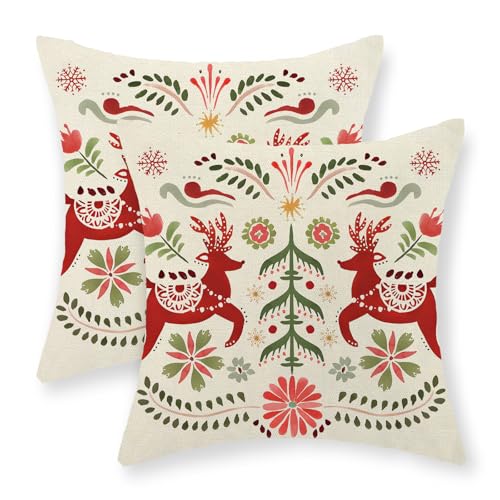 DAFENA 18x18 Inch Red Green Deer & Christmas Tree Holiday Throw Pillow Covers - Pack of 2