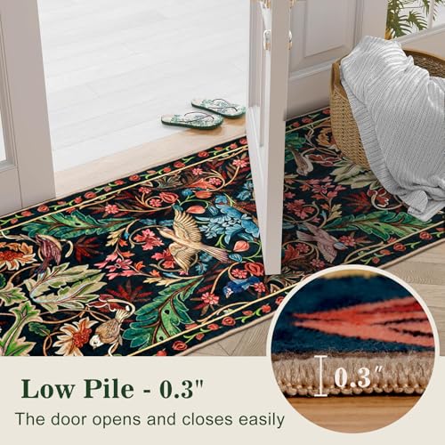 2x10 Botanical Runner Rug, Non-Slip Washable Boho Floral Hallway Carpet