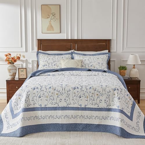 Oversized King Bedspread Set - 100% Cotton Floral Quilt 128x120
