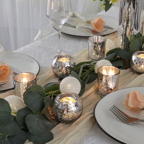 DEVI 48Pcs Mercury Glass Votive Candle Holders – Silver Assorted Round & Teardrop Styles