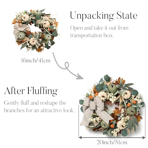 20-Inch Lighted Fall Wreath for Front Door with Timer and Pumpkins