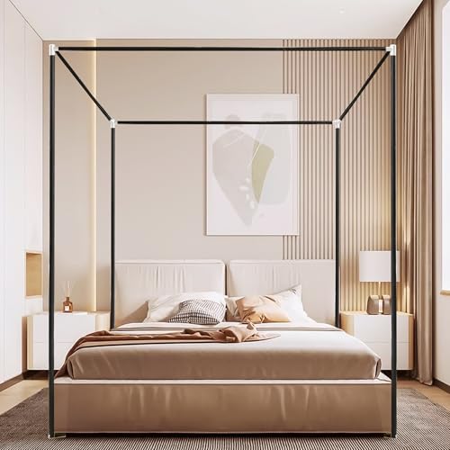 Full Size Stainless Steel Canopy Bed Frame - Black Metal Bed Post Poles