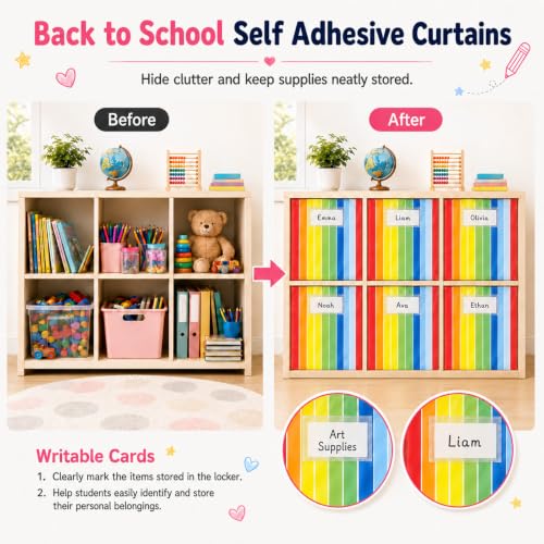 6-Piece Rainbow Classroom Cabinet Curtains for Shelves with Label Pockets