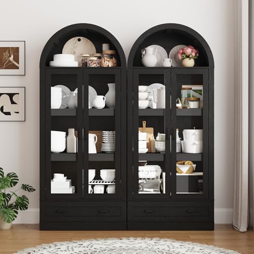 75" Tall Arched Kitchen Pantry Cabinet with Glass Doors and Drawer