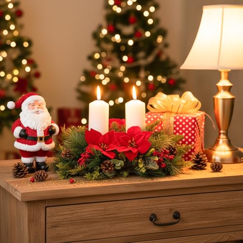 Kathfly 20" Poinsettia Centerpiece with 2 Candle Holders - Thick Red Poinsettia, Pine Cones & Berries (Variation: Thick / Poinsettia)