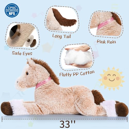33-Inch Large Stuffed Horse Plush Toy, Brown Pony Cuddle Pillow
