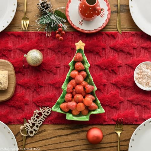 Artoid Mode Christmas Tree Table Runner 13x60 Inch Red Faux Plush Holiday Decor