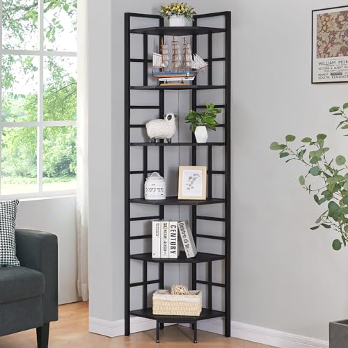 6-Tier Tall Corner Bookshelf, Industrial Metal and Wood Storage Unit