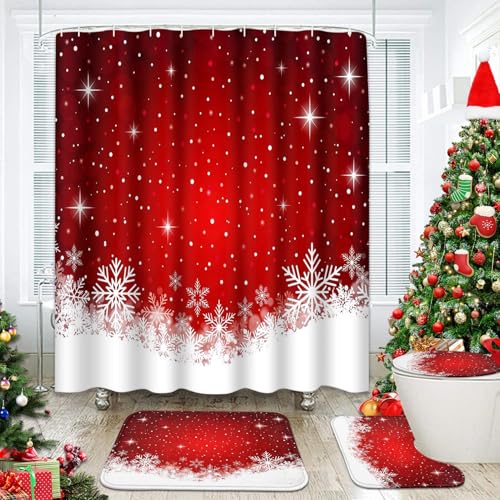 Christmas Bathroom Set with Shower Curtain and Rugs - ArtSocket White Red
