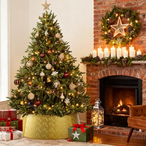 Sweetcrispy 26in Metal Christmas Tree Collar - 4-Panel Base Cover for 6-9ft artificial trees, Gold