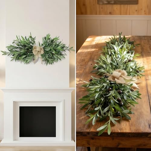 26-Inch Artificial Olive Leaf Swag with Burlap Bow for Farmhouse Decor