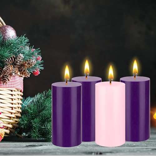 Unscented Christmas Advent Candles Set - Round Pillar, 4 Pack, 3" x 6"
