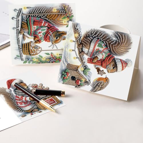 Antor 6-Pack Squirrel Christmas Diamond Painting Cards - DIY Rhinestone Holiday Greeting Set