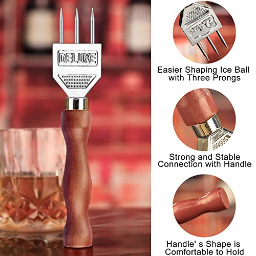 LINALL Three Prong Stainless Steel Ice Pick Set of 2 with Wooden Handles - Durable Carving Bartender Tool, 7-inch