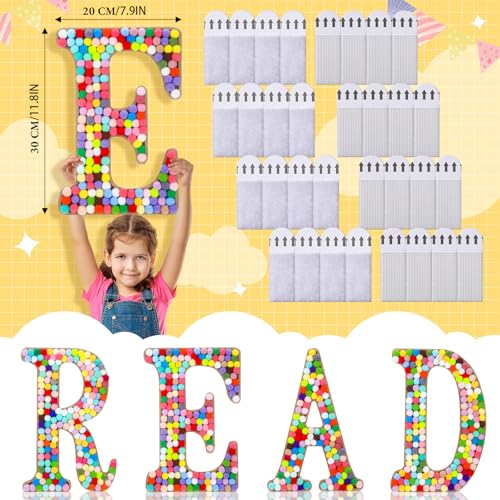 4-Piece Wooden READ Wall Sign with Pom Pom Accents for Reading Corners