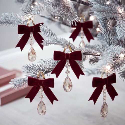 Riceshoot 12 Pcs Burgundy Velvet Bow & Crystal Christmas Ornaments (Variation: Burgundy)