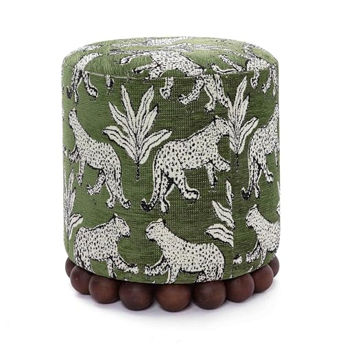 Olive Green Leopard Jacquard Ottoman with Spherical Wood Base