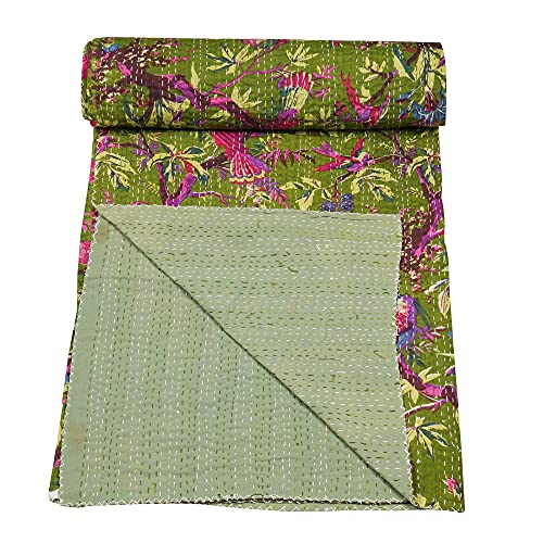 Handmade Cotton Bohemian Kantha Quilt - Bird Print, Queen Size