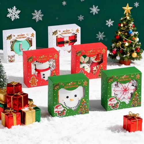 24Pcs 4x4x2 inch Christmas Bakery Boxes with Window - Flat Pack, 24-Pack JCXGRVC
