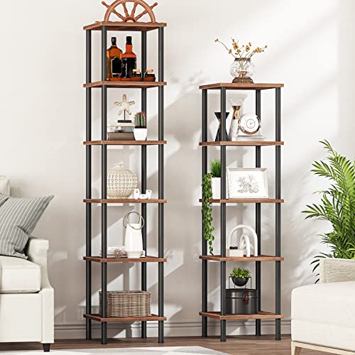 5-Tier Industrial Corner Shelf, Tall Rustic Brown Storage Display Rack