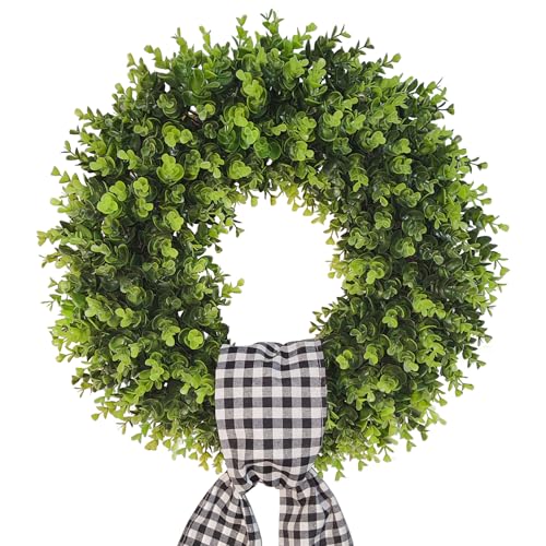 20-Inch Artificial Boxwood Wreath with Buffalo Check Sash for Front Door