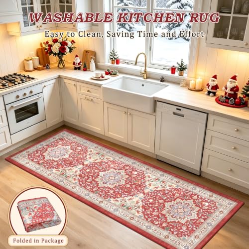 nesrt Boho Christmas Runner Rug 2x6Ft Red Holiday Non-Slip Washable Hallway