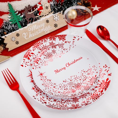 LIYH Red and White Christmas Dinnerware Set 150 Pcs Disposable Plates Cutlery Cups