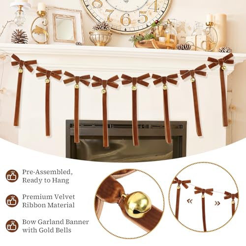 Christmas Velvet Bow Garland with Bells – Pre-Strung 8 Bows Mantel Staircase Decor