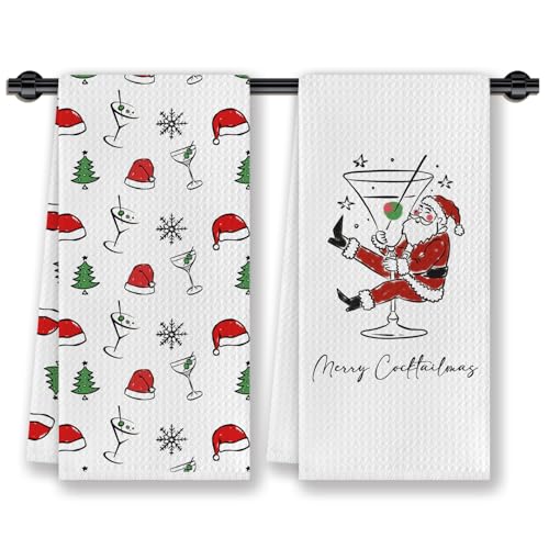 CosxHabitat Santa Cocktail Christmas Kitchen Dish Towels - Set of 2, 16x24 Inches