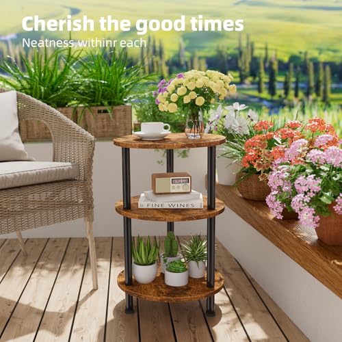 3-Tier Round Side Table, Compact Rustic Accent Table for Small Spaces