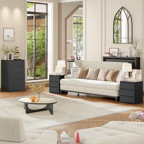 3-Drawer Nightstand Set of 2, Modern Black Bedside Table for Bedroom