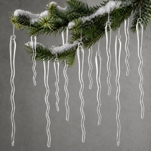 OuMuaMua Large Clear Glass Icicle Christmas Ornaments - 12-Piece, 6-12in S-Curve Handmade