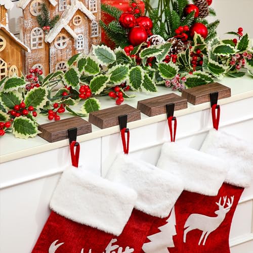 Metal Christmas Stocking Holders for Mantle, 6-Piece Set, Dark Wood Finish