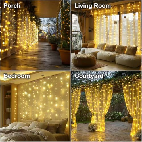 HXWEIYE 300LED Fairy Curtain Lights 9.8x9.8Ft USB Remote Warm White