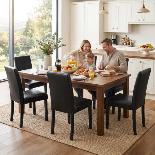 Set of 6 Black Modern Dining Chairs with PU Leather Upholstery & Solid Wood Legs