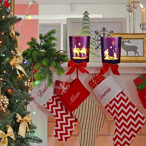 Nativity Scene Glass Advent Tealight Candle Holders - 4 Pack (Purple & Pink)
