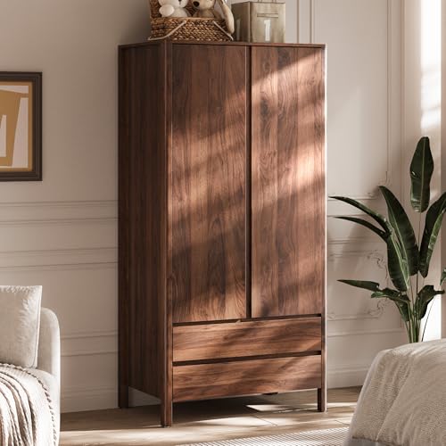 Modern Walnut Wardrobe with 2 Doors and 2 Drawers, 71-Inch Bedroom Armoire