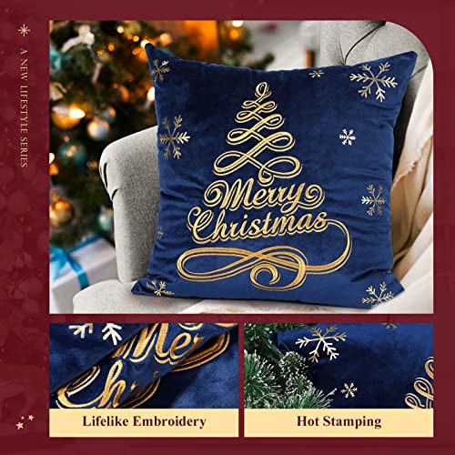 Lewondr Christmas Throw Pillow Covers, Christmas Tree Embroidery Hot Stamping Pattern Dutch Velvet Pillowcases Home Xmas Decorative Cushion Covers Soft for Sofa Bed Chair, 2 Pack, Navy Blue